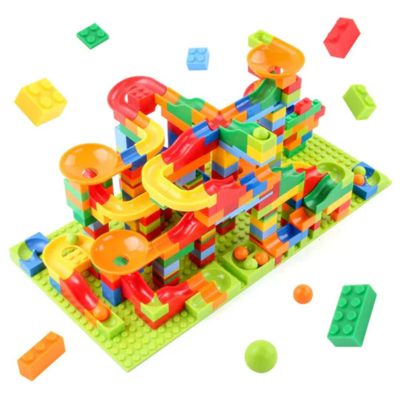 Juego de construcción con circuito de canicas modulable 